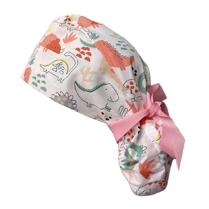 Dinosaur-Patterned Ponytail Scrub Cap – Hair-Friendly Comfort for Healthcare Beauty Catering Cleaning Staff