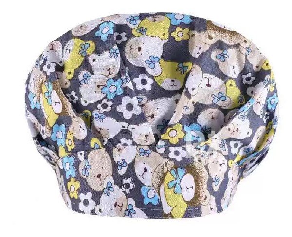 Bear Print Bouffant Scrub Caps Unisex with Buttons & Sweatband