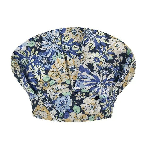 Blue Printed Floral Bouffant Scrub Caps for Women with Buttons & Sweatband