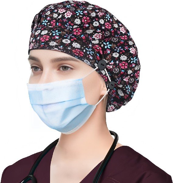 Ditsy Flowers Bouffant Scrub Caps for Women with Buttons & Sweatband