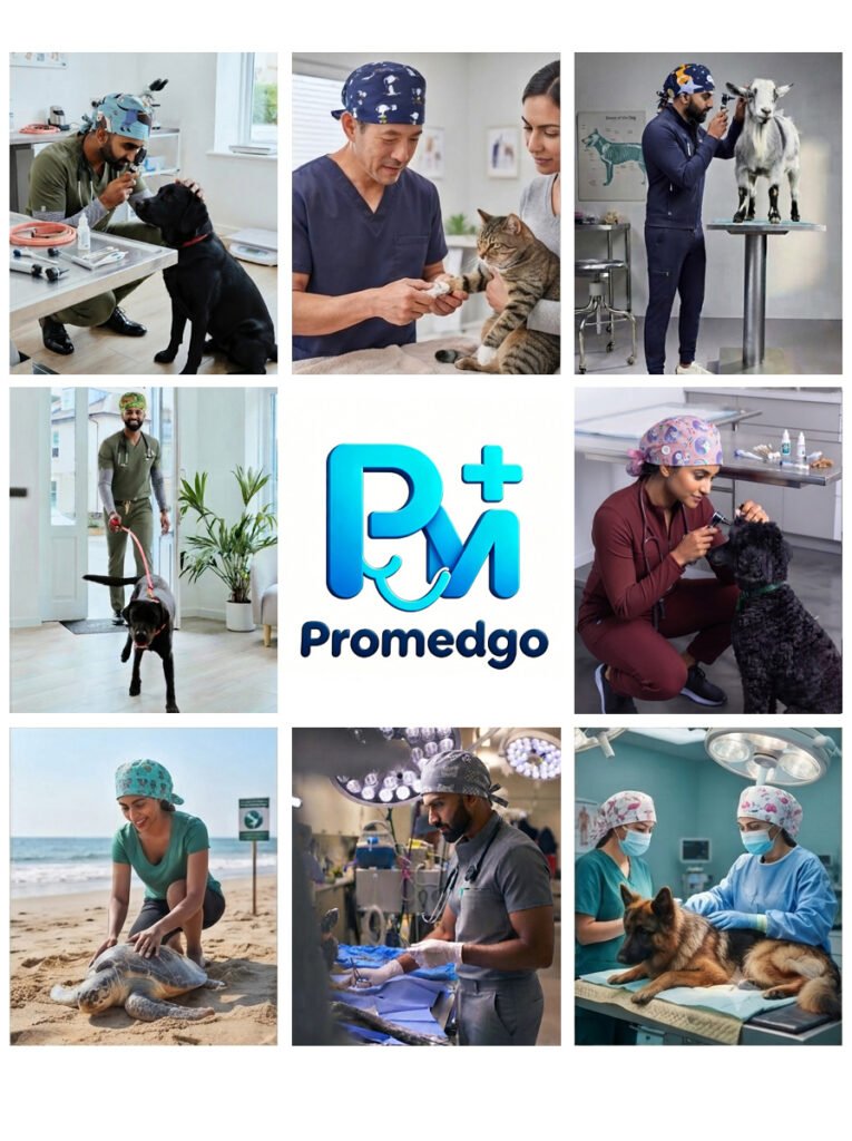Veterinarian in scrubs and a cap examining a black dog at a bright clinic